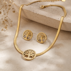 Set de Acero Collar y Aros de Árbol de la Vida Dorado