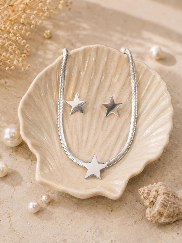 Set Acero Collar y Aros Estrella Plateado