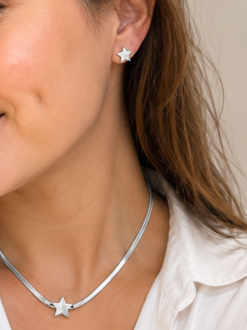 Set Acero Collar y Aros Estrella Plateado