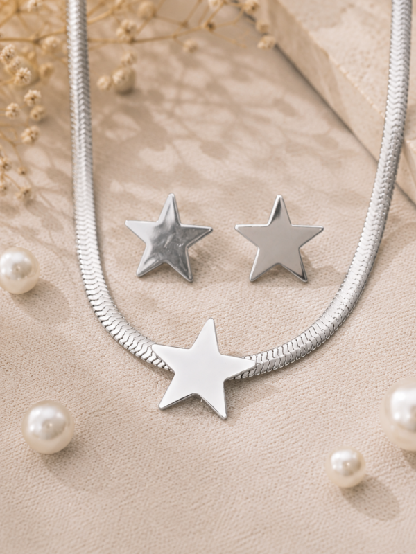 Set Acero Collar y Aros Estrella Plateado
