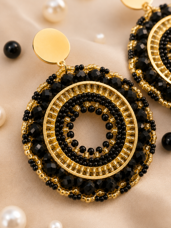 Aros Mandala Negro Y Dorado de Acero y Mostacillas