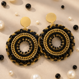 Aros Mandala Negro Y Dorado de Acero y Mostacillas