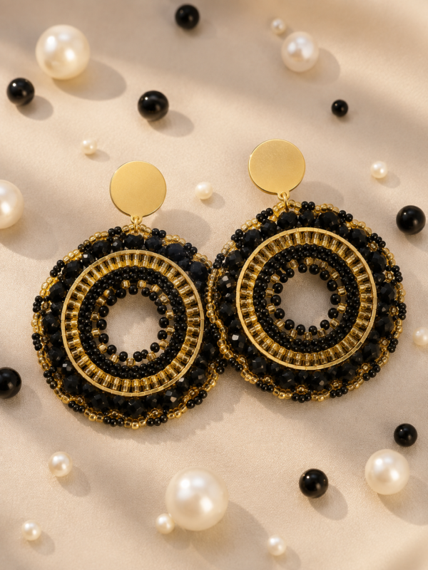 Aros Mandala Negro Y Dorado de Acero y Mostacillas