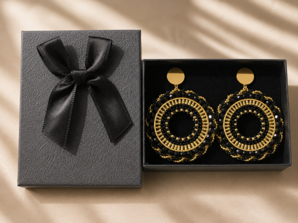Aros Mandala Negro Y Dorado de Acero y Mostacillas