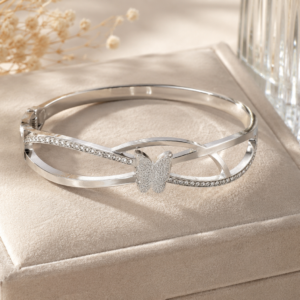 Pulsera Rígida de Acero Inoxidable Mariposa con Cristales – PLATEADA