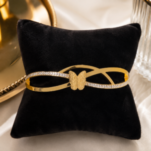 Pulsera Rígida de Acero Inoxidable Mariposa con Cristales – Dorada