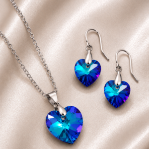 Set Collar y Aros Corazón Cristal Azul de Acero Inoxidable