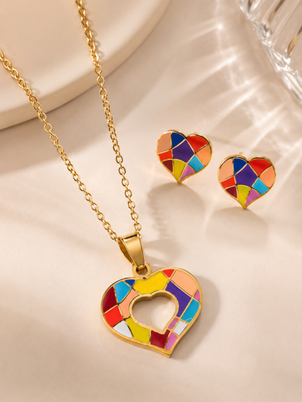 Set Collar y Aros Corazón Multicolor de Acero Inoxidable