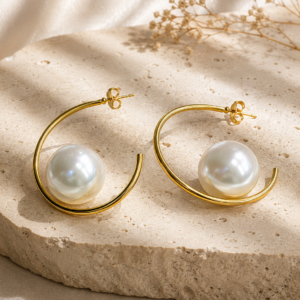Aros Argolla Dorada con Perla de Acero Inoxidable