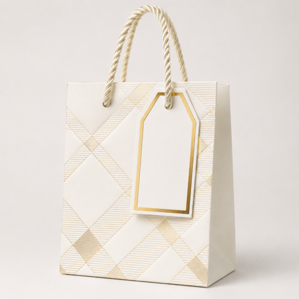 EMP-BOLSA-BLANCA-PEQ-004-01 Bolsa de Regalo Pequeña Blanca con Diseño Dorado