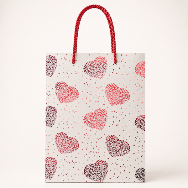 EMP-BOLSA-CORAZONES-BLANCA-002-01 Bolsa de Regalo Mediana Blanca con Corazones Rojos Metalizados
